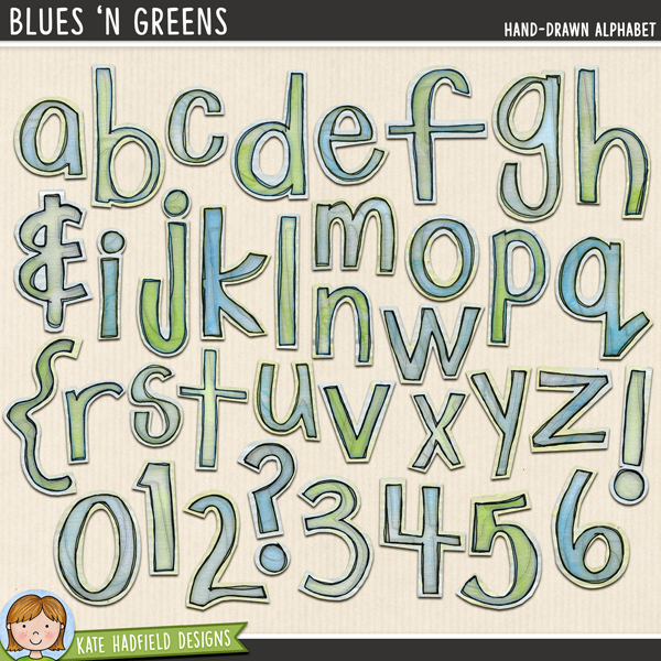 Blues 'n Greens - hand-drawn, painted digital scrapbook alpha / alphabet clip art! Hand-drawn illustrations for digital scrapbooking, crafting and teaching resources from Kate Hadfield Designs.