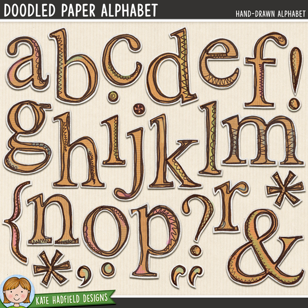 Doodled Paper Alpha digital scrapbook alphabet / alphabet clip art! Hand-drawn doodles for digital scrapbooking, crafting and teaching resources from Kate Hadfield Designs.