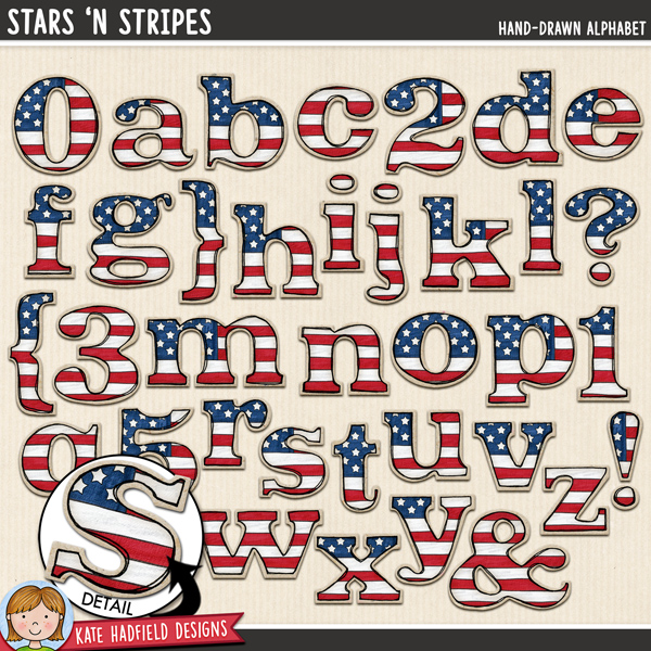 Stars 'n Stripes - Hand-drawn 4th July digital scrapbook alphabet / Americana alphabet clip art! Hand-drawn doodles for digital scrapbooking, crafting and teaching resources from Kate Hadfield Designs.