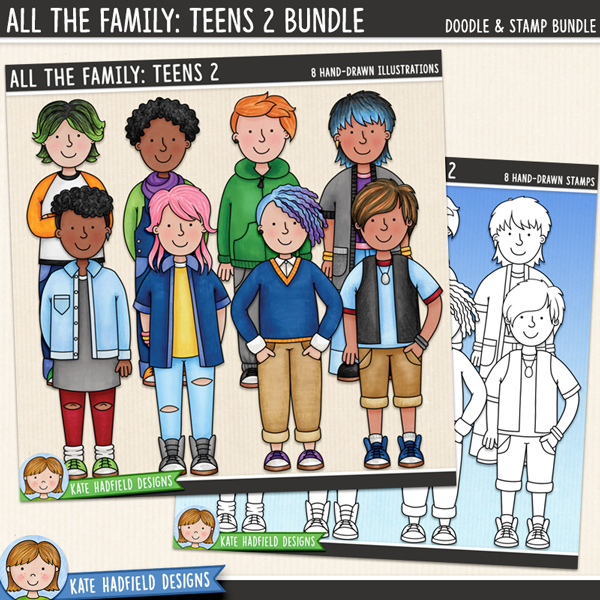 All The Family: Teens 2 - a fun collection of gender neutral teens and teenger clipart! (Clip art and line art bundle). Hand-drawn illustrations for digital scrapbooking, crafting and teaching resources from Kate Hadfield Designs. 
