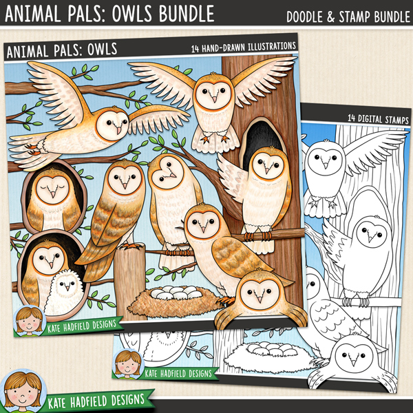Animal Pals: Owls - a fun collection of Barn Owl themed clipart! (Clip art and line extra value bundle!) Hand-drawn illustrations for digital scrapbooking, crafting and teaching resources from Kate Hadfield Designs. Animal Pals: Owls - a fun collection of Barn Owl themed clipart! (Clip art and line extra value bundle!) Hand-drawn illustrations for digital scrapbooking, crafting and teaching resources from Kate Hadfield Designs.