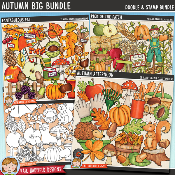 Autumn BIG Bundle 2 - a bumper collection of autumn and fall clipart /  digital scrapbook elements! Hand-drawn illustrations for digital scrapbooking, crafting and teaching resources from Kate Hadfield Designs.