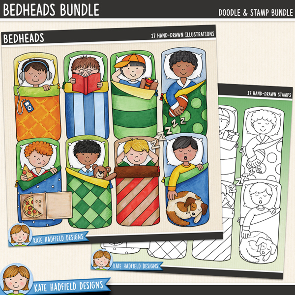 Bedheads - a fun and colourful collection of boy's sleepover and slumber party clipart! (Clip art and line extra value bundle!) Hand-drawn illustrations for digital scrapbooking, crafting and teaching resources from Kate Hadfield Designs. Bedheads - a fun and colourful collection of boy's sleepover and slumber party clipart! (Clip art and line extra value bundle!) Hand-drawn illustrations for digital scrapbooking, crafting and teaching resources from Kate Hadfield Designs.