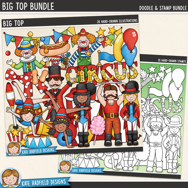 Big Top - a fun and colourful collection of circus and clown clipart! (Clip art and line extra value bundle!) Hand-drawn illustrations for digital scrapbooking, crafting and teaching resources from Kate Hadfield Designs.