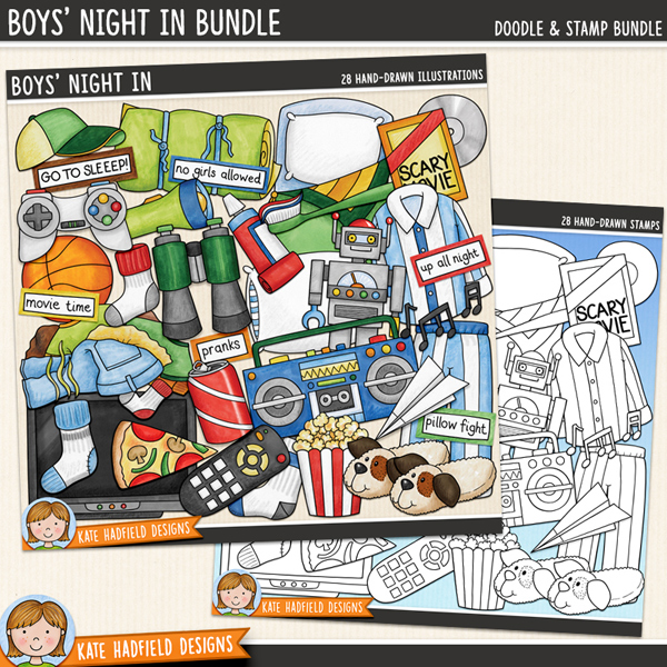 Boys' Night In - a fun and colourful collection of boy's slumber party / sleepover clipart! (Clip art and line extra value bundle!) Hand-drawn illustrations for digital scrapbooking, crafting and teaching resources from Kate Hadfield Designs.