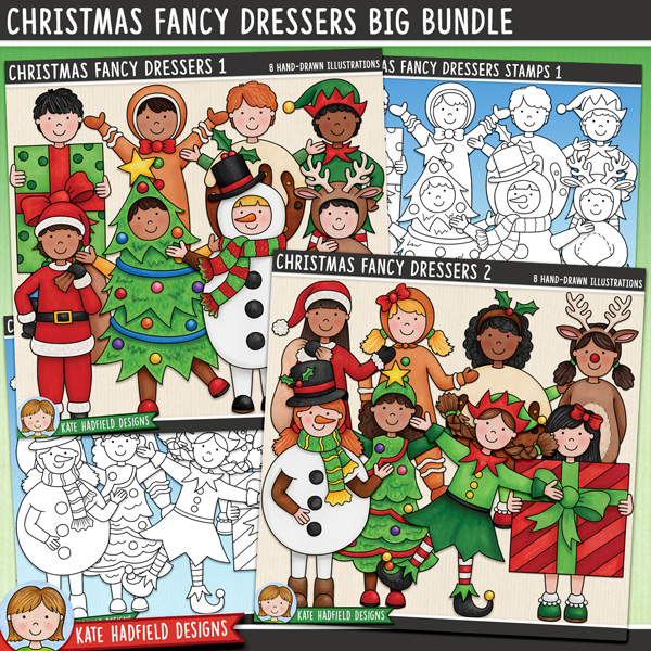 Bumper pack of kids in Christmas fancy dress costume! This clip art and line art bundle is perfect for making fun Christmas projects. Hand-drawn illustrations for digital scrapbooking, crafting and teaching resources from Kate Hadfield Designs.