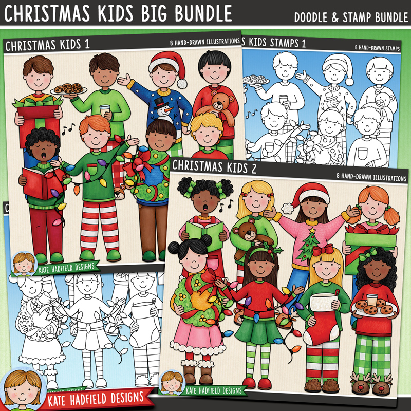 Bumper pack of kids all ready for Christmas! This clip art and line art bundle is perfect for making fun Christmas projects. Hand-drawn illustrations for digital scrapbooking, crafting and teaching resources from Kate Hadfield Designs.