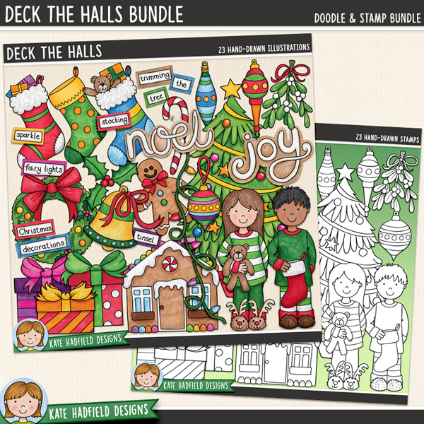 Deck the Halls - a cute and colourful collection of Christmas decorations clipart! (Clip art and line extra value bundle!) Hand-drawn illustrations for digital scrapbooking, crafting and teaching resources from Kate Hadfield Designs. Deck the Halls - a cute and colourful collection of Christmas decorations clipart! (Clip art and line extra value bundle!) Hand-drawn illustrations for digital scrapbooking, crafting and teaching resources from Kate Hadfield Designs.