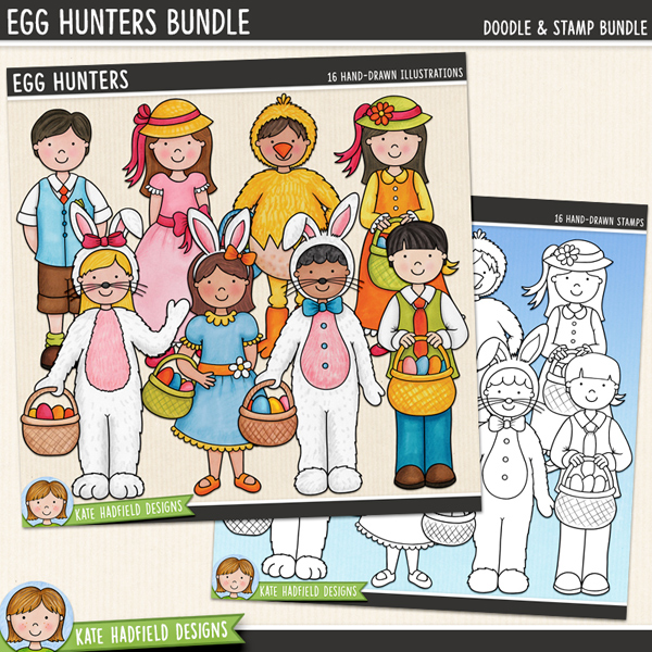 Egg Hunters - fun Easter kids digital scrapbook elements / cute Easter kids clip art! A set of 8 kiddos all dressed up in their Easter finery, ready to on an egg hunt! (Clipart and line art bundle). Hand-drawn illustrations for digital scrapbooking, crafting and teaching resources from Kate Hadfield Designs. 
