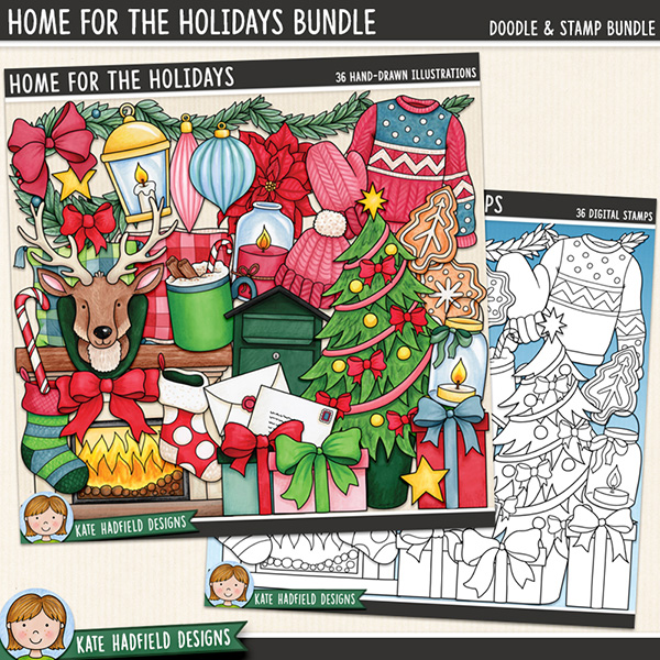 Home for the Holidays - cosy Christmas line art and line art bundle! Hand-drawn doodles and illustrations for digital scrapbooking, crafting and teaching resources from Kate Hadfield Designs.
