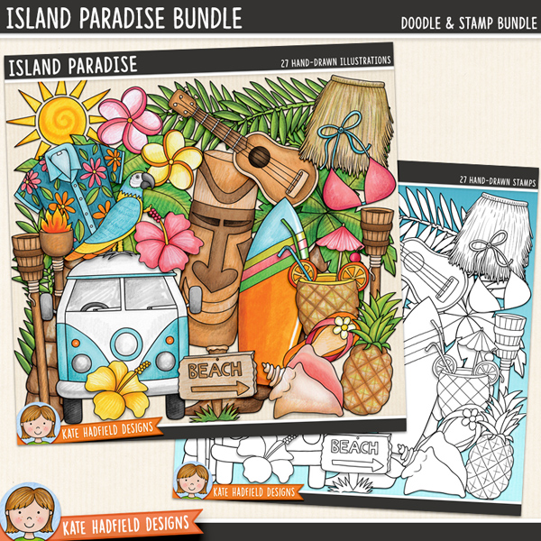Island Paradise - a cute and colourful collection of tropical beach clipart! (Clip art and line extra value bundle!) Hand-drawn illustrations for digital scrapbooking, crafting and teaching resources from Kate Hadfield Designs.