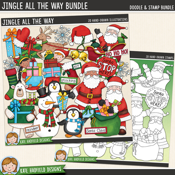 Jingle All The Way - a fun and colourful collection of Christmas characters clipart! (Clip art and line extra value bundle!) Hand-drawn illustrations for digital scrapbooking, crafting and teaching resources from Kate Hadfield Designs.