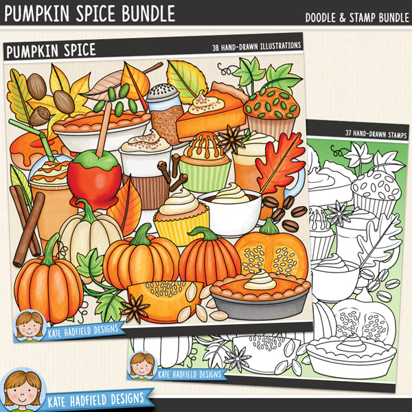 Pumpkin spice digital scrapbook elements / cute autumn themed clip art! (Clip art and line art bundle). Hand-drawn illustrations for digital scrapbooking, crafting and teaching resources from Kate Hadfield Designs.