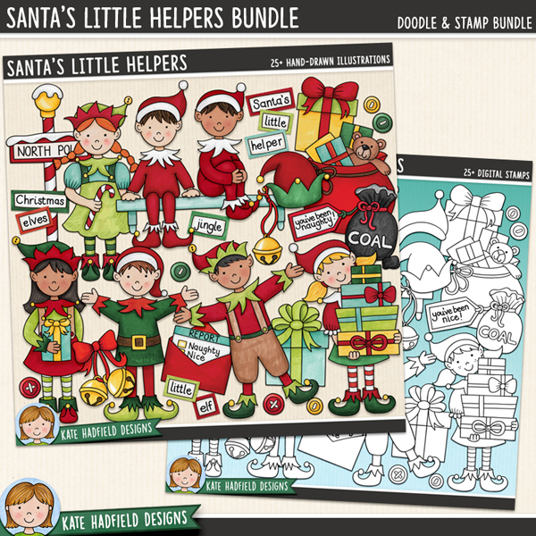 Santa's Little Helpers - a fun and colourful collection of Christmas elf clipart! (Clip art and line extra value bundle!) Hand-drawn illustrations for digital scrapbooking, crafting and teaching resources from Kate Hadfield Designs.
