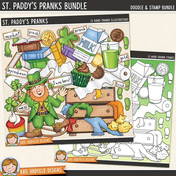 St Patrick's Day digital scrapbook elements / cute leprechaun clip art! (Clipart and line art bundle). Hand-drawn clip art and line art for digital scrapbooking, crafting and teaching resources from Kate Hadfield Designs.
