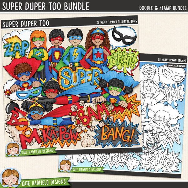 Super Duper Too - a fun collection of colourful super heroes all ready to jump in and save the world! (Clip art and line art bundle!) Hand-drawn clip art illustrations for digital scrapbooking, crafting and teaching resources from Kate Hadfield Designs. Super Duper Too - a fun collection of colourful super heroes all ready to jump in and save the world! (Clip art and line art bundle!) Hand-drawn clip art illustrations for digital scrapbooking, crafting and teaching resources from Kate Hadfield Designs.
