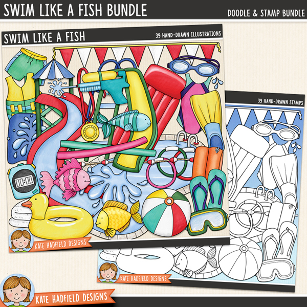 Swim Like A Fish - a fun and colourful collection of swimming clipart! (Clip art and line extra value bundle!) Hand-drawn illustrations for digital scrapbooking, crafting and teaching resources from Kate Hadfield Designs.