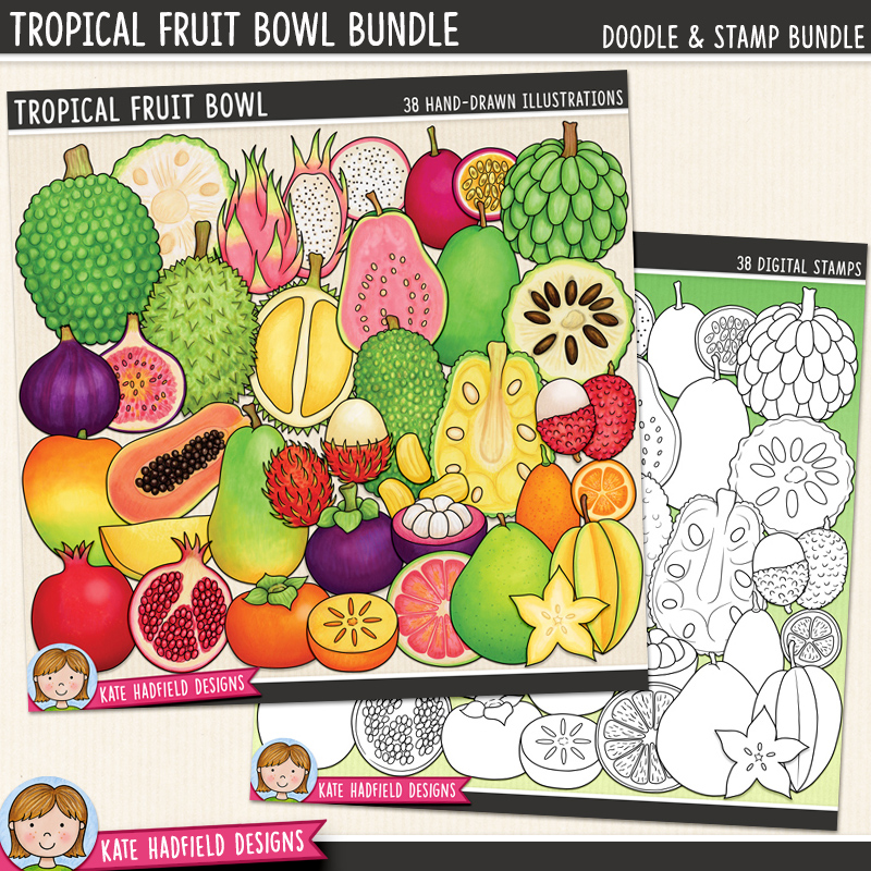 Tropical Fruit Bowl - a cute and colourful collection of tropical fruit clipart! (Clip art and line extra value bundle!) Hand-drawn illustrations for digital scrapbooking, crafting and teaching resources from Kate Hadfield Designs.