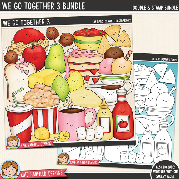 We Go Together 3 - fun food pairs digital scrapbook elements / cute Valentines food clip art! (Clip art and line art bundle). Hand-drawn doodles and illustrations for digital scrapbooking, crafting and teaching resources from Kate Hadfield Designs. 