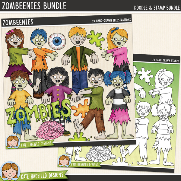 Zombeenies - a fun collection of zombie kids clipart! (Clip art and line extra value bundle!) Hand-drawn illustrations for digital scrapbooking, crafting and teaching resources from Kate Hadfield Designs.