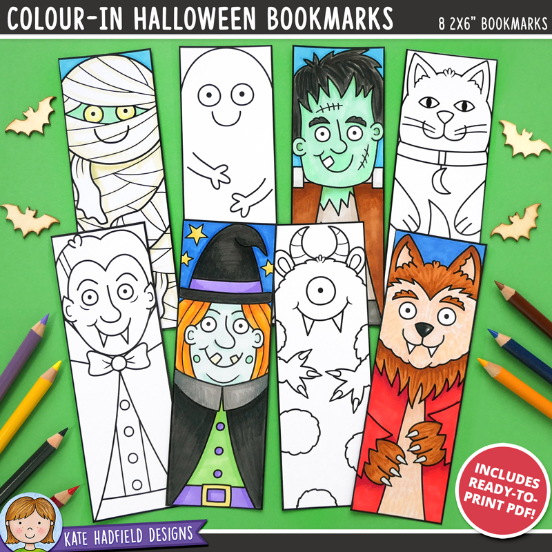 Make your own spooky bookmarks with this fun set of colour-in Halloween bookmarks! Simply print, colour with your favourite art materials and then cut out to create your own bookmark. Use the back of the bookmark to draw your own creepy character, or to keep a reading log of your favourite books! Print on heavy paper or cardstock for best results, the finished bookmarks can also be laminated for extra durability. This is a fun Halloween colouring craft activity for both children and adults alike! Make your own spooky bookmarks with this fun set of colour-in Halloween bookmarks! Simply print, colour with your favourite art materials and then cut out to create your own bookmark. Use the back of the bookmark to draw your own creepy character, or to keep a reading log of your favourite books! Print on heavy paper or cardstock for best results, the finished bookmarks can also be laminated for extra durability. This is a fun Halloween colouring craft activity for both children and adults alike!