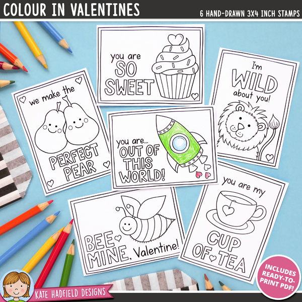 A fun set of colour-in Valentine's digital stamps! Download, print and then colour to make crafts, card toppers, gift tags or class favours, or add to your scrapbook pages and projects! You can also print directly onto coloured paper for a quick and easy Valentine! File includes individual graphics and ready-to-print PDF file. Hand-drawn illustrations for digital scrapbooking, crafting and teaching resources from Kate Hadfield Designs. 