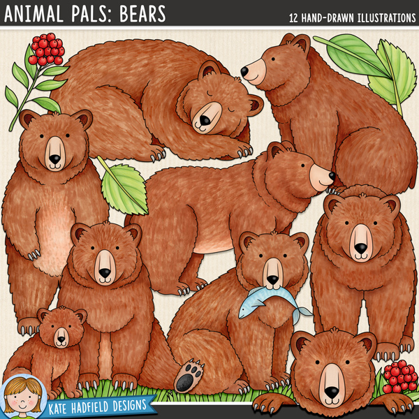 Animal Pals: Bears - a fun collection of brown bear themed clipart / digital scrapbook elements! Hand-drawn illustrations for digital scrapbooking, crafting and teaching resources from Kate Hadfield Designs. Animal Pals: Bears - a fun collection of brown bear themed clipart / digital scrapbook elements! Hand-drawn illustrations for digital scrapbooking, crafting and teaching resources from Kate Hadfield Designs.