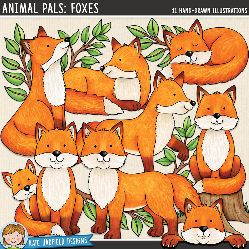 Animal Pals: Foxes - a fun collection of cute red fox clipart illustrations! Hand-drawn illustrations for digital scrapbooking, crafting and teaching resources from Kate Hadfield Designs. 