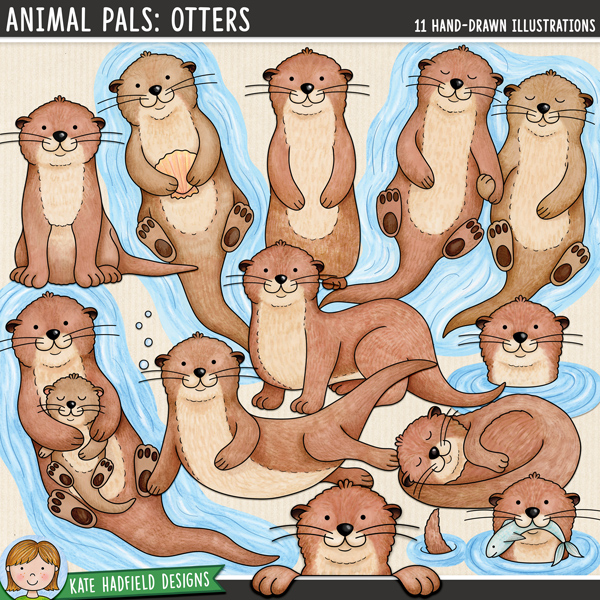 Animal Pals: Otters - a fun collection of cute otter clipart illustrations! Hand-drawn illustrations for digital scrapbooking, crafting and teaching resources from Kate Hadfield Designs. 