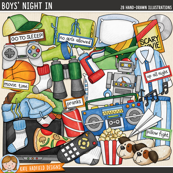 Boys' Night In - a fun and colourful collection of boy's slumber party clipart / sleepover digital scrapbook elements! Hand-drawn illustrations for digital scrapbooking, crafting and teaching resources from Kate Hadfield Designs. Boys' Night In - a fun and colourful collection of boy's slumber party clipart / sleepover digital scrapbook elements! Hand-drawn illustrations for digital scrapbooking, crafting and teaching resources from Kate Hadfield Designs.