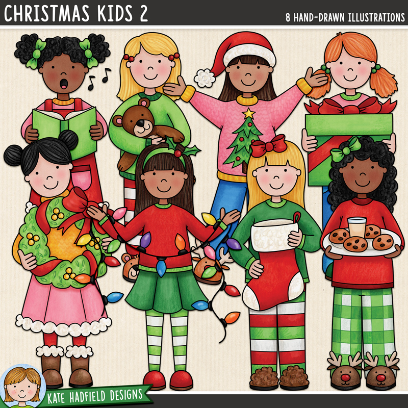 Christmas Kids 2 - a fun and colourful  collection of Christmas clipart /  digital scrapbook elements! Hand-drawn illustrations for digital scrapbooking, crafting and teaching resources from Kate Hadfield Designs.