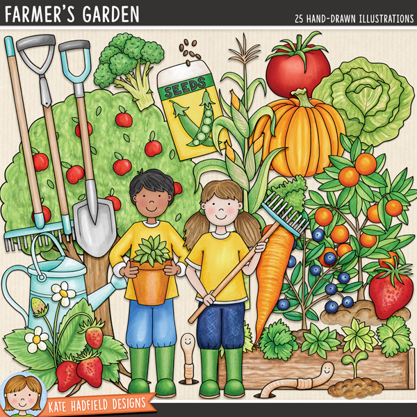 Farmer's Garden - a cute and colourful collection of gardening clipart / vegetable growing digital scrapbook elements! Hand-drawn illustrations for digital scrapbooking, crafting and teaching resources from Kate Hadfield Designs.