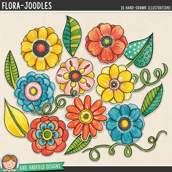 Flora Joodles - Mixed media digital scrapbook elements. These hand-painted flowers are ideal for digital art journaling and mixed media projects! Hand-drawn illustrations for digital scrapbooking, crafting and teaching resources from Kate Hadfield Designs. 