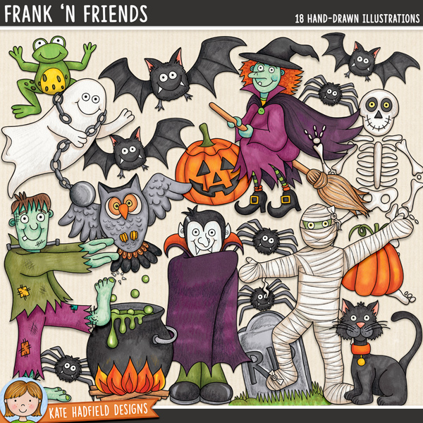 Frank 'n Friends - a too cute to spook collection of Halloween character clipart! Hand-drawn illustrations for digital scrapbooking, crafting and teaching resources from Kate Hadfield Designs.