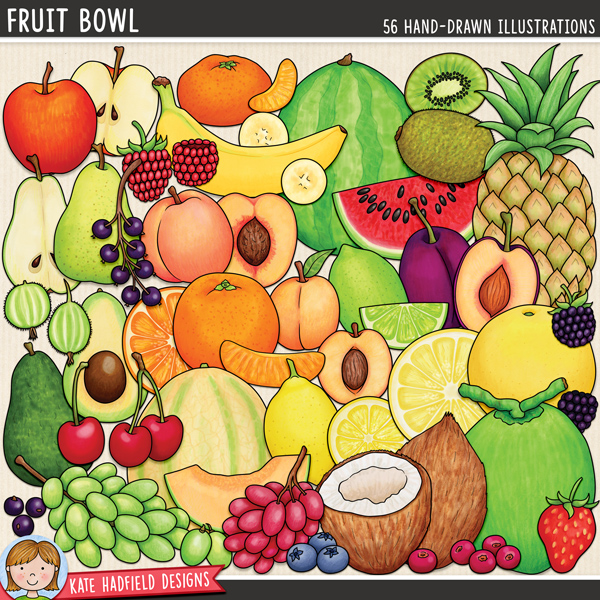 Fruit Bowl - a cute and colourful collection of fruit clipart /  digital scrapbook elements! Hand-drawn illustrations for digital scrapbooking, crafting and teaching resources from Kate Hadfield Designs.