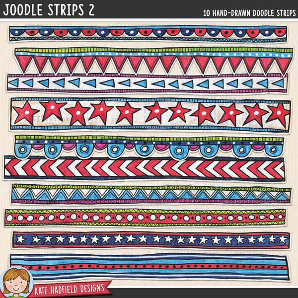 Joodle Strips 2 - mixed media digital scrapbook elements ideal for art journaling and scrapbooking 4th of July memories! Hand-drawn clip art and illustrations for digital scrapbooking, crafting and teaching resources from Kate Hadfield Designs.