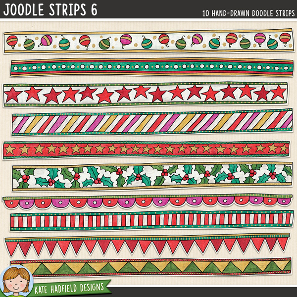 Joodle Strips 6 - Christmas mixed-media digital scrapbook elements. Hand-drawn clip art and illustrations for digital scrapbooking, crafting and teaching resources from Kate Hadfield Designs.
