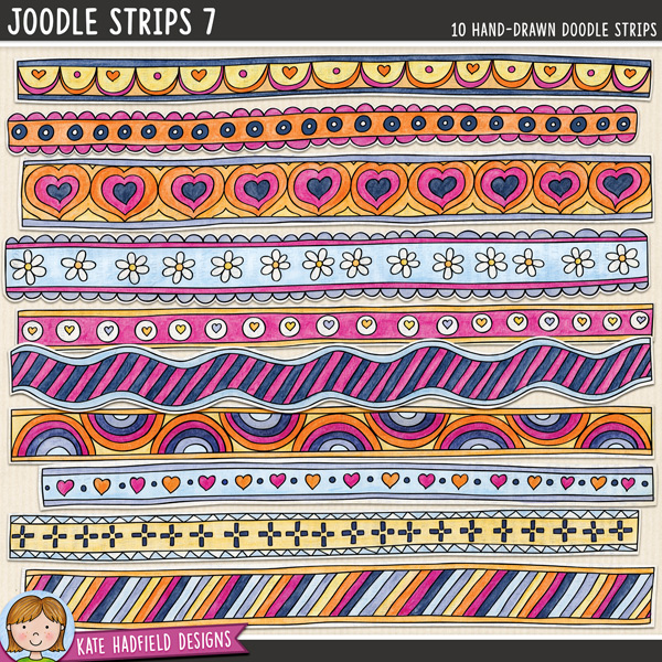 Joodle Strips 7 -  love and Valentines themed mixed media digital scrapbook elements, ideal for art journaling! Hand-drawn illustrations for digital scrapbooking, crafting and teaching resources from Kate Hadfield Designs.