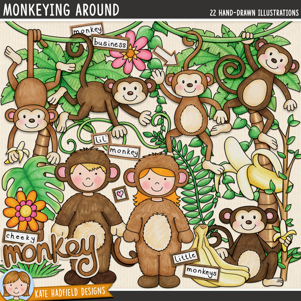 Monkeying Around - a cute and colourful collection of monkey clipart / jungle digital scrapbook elements! Hand-drawn illustrations for digital scrapbooking, crafting and teaching resources from Kate Hadfield Designs. Monkeying Around - a cute and colourful collection of monkey clipart / jungle digital scrapbook elements! Hand-drawn illustrations for digital scrapbooking, crafting and teaching resources from Kate Hadfield Designs.