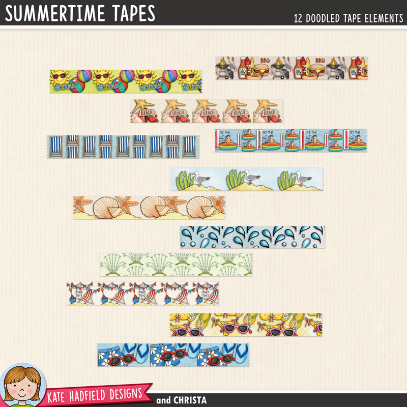 Summertime Tapes - a fun set of digital washi tape pieces to help you add a touch of doodled fun to your scrapbook pages and hybrid projects! Perfect for all your summer sun projects! Hand-drawn illustrations for digital scrapbooking, crafting and teaching resources from Kate Hadfield Designs. 