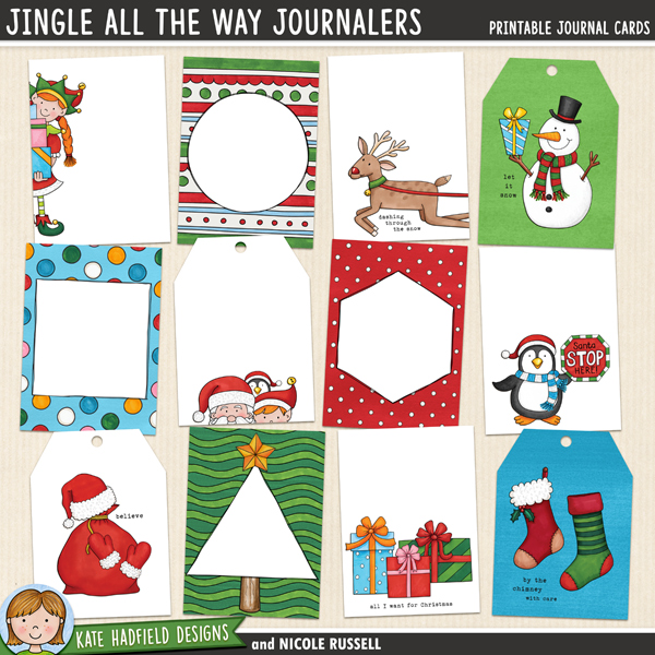 Jingle All The Way journal cards - Christmas filler / journal cards for pocket page scrapbook layouts. Hand-drawn journal cards for digital scrapbooking, crafting and teaching resources from Kate Hadfield Designs. 
