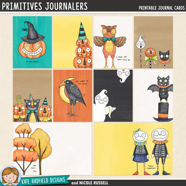 Primitives Journalers - folk art style Halloween filler / journal cards for pocket page scrapbook layouts. Hand-drawn journal cards for digital scrapbooking, crafting and teaching resources from Kate Hadfield Designs. 