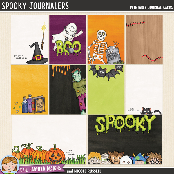 Spooky Journalers - Halloween filler / journal cards for pocket page scrapbook layouts. Hand-drawn journal cards for digital scrapbooking, crafting and teaching resources from Kate Hadfield Designs. 