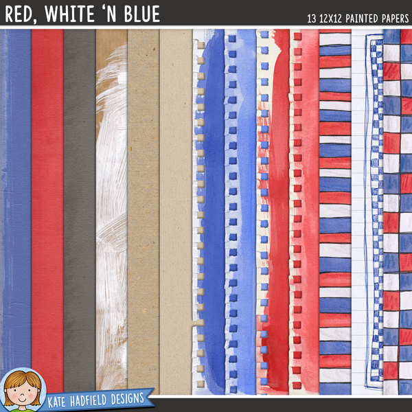 Red, White 'n Blue: Painted digital scrapbook papers / digital paper clip art pack! Hand-painted papers for digital scrapbooking, crafting and teaching resources from Kate Hadfield Designs.
