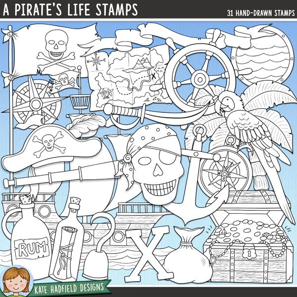 A Pirate's Life Stamps - a fun collection of cute pirate themed digital stamps! (Line art versions also included). Hand-drawn illustrations for digital scrapbooking, crafting and teaching resources from Kate Hadfield Designs.