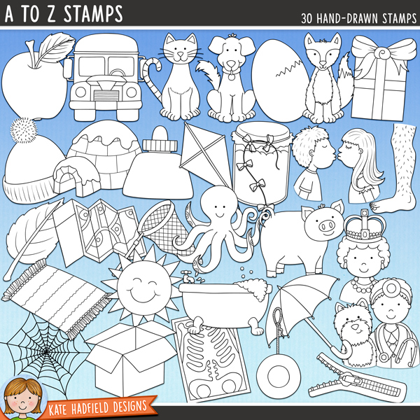 A to Z Stamps - a fun collection of cute alphabet digital stamps! (Line art versions also included). Hand-drawn illustrations for digital scrapbooking, crafting, card making and teaching resources from Kate Hadfield Designs. A to Z Stamps - a fun collection of cute alphabet digital stamps! (Line art versions also included). Hand-drawn illustrations for digital scrapbooking, crafting, card making and teaching resources from Kate Hadfield Designs.