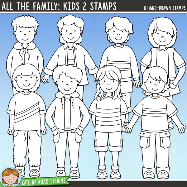 All The Family: Kids 2 - a cute collection of kid digital stamps! Hand-drawn illustrations for digital scrapbooking, crafting and teaching resources from Kate Hadfield Designs. 