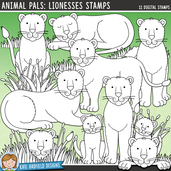 Animal Pals: Lionesses Stamps - a fun collection of female lion digital stamps! (Line art versions also included). Hand-drawn illustrations for digital scrapbooking, crafting, card making and teaching resources from Kate Hadfield Designs.