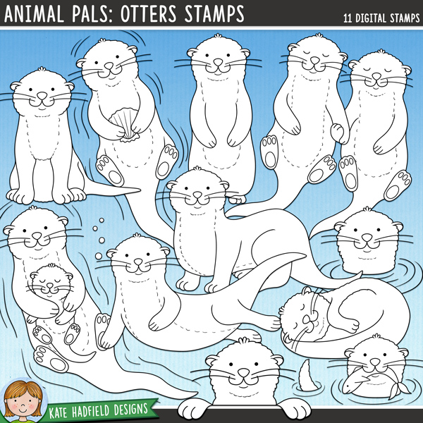 Animal Pals: Otters Stamps - a cute collection of otter digital stamps! (Line art versions also included). Hand-drawn illustrations for digital scrapbooking, crafting, card making and teaching resources from Kate Hadfield Designs.