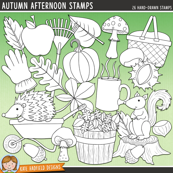 Autumn Afternoon Stamps - a colourful collection of fall digital stamps! (Line art versions also included). Hand-drawn illustrations for digital scrapbooking, crafting and teaching resources from Kate Hadfield Designs.
